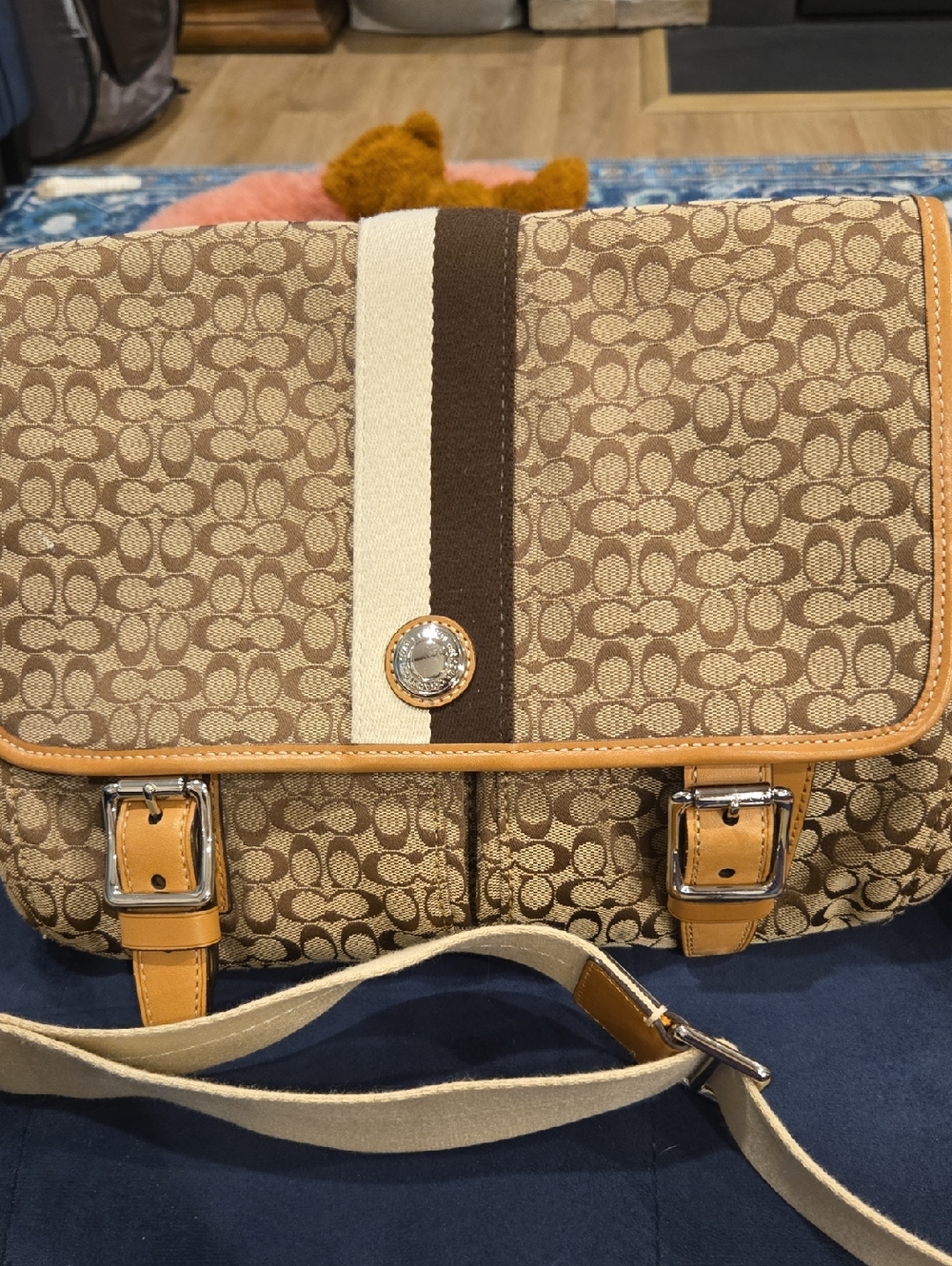 Coach Tan Signature Messenger Bag with Cream and Brown Stripe